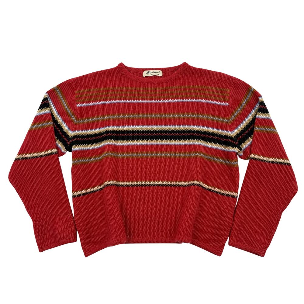 Vintage Eddie Bauer Knit Sweater Striped Boxy Crewneck Red 90s Preppy Outdoors